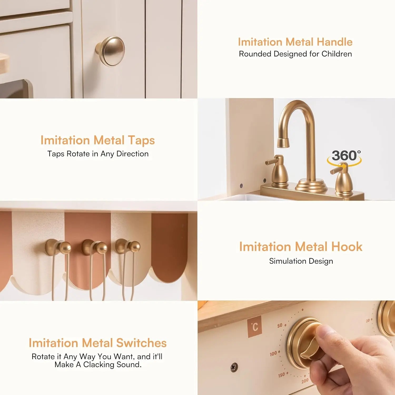 Collage of imitation metal handles, taps, hook, and switches on a neutral background.