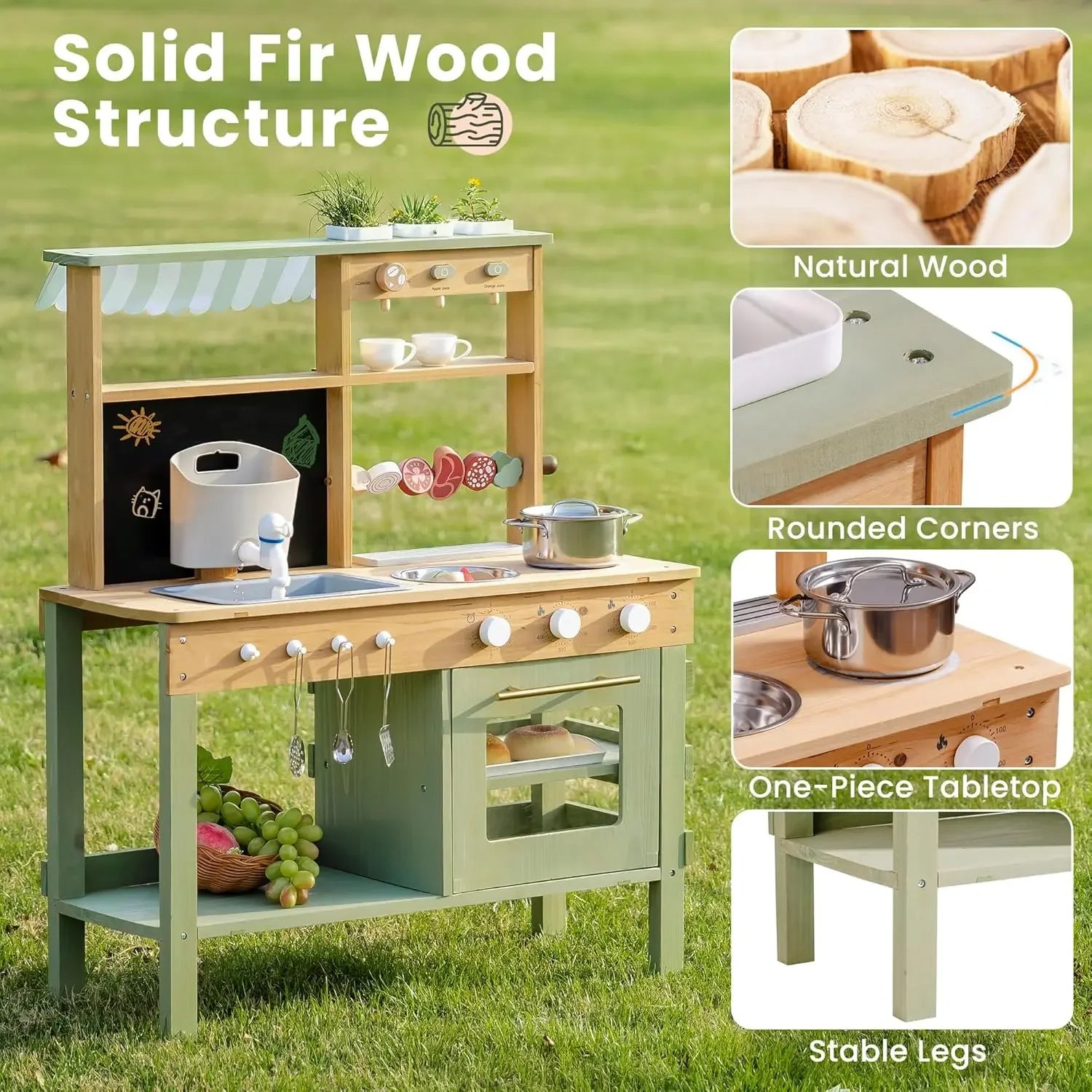 Wooden Mud Kitchen with Wheels - Outdoor Play Kitchen on Cart