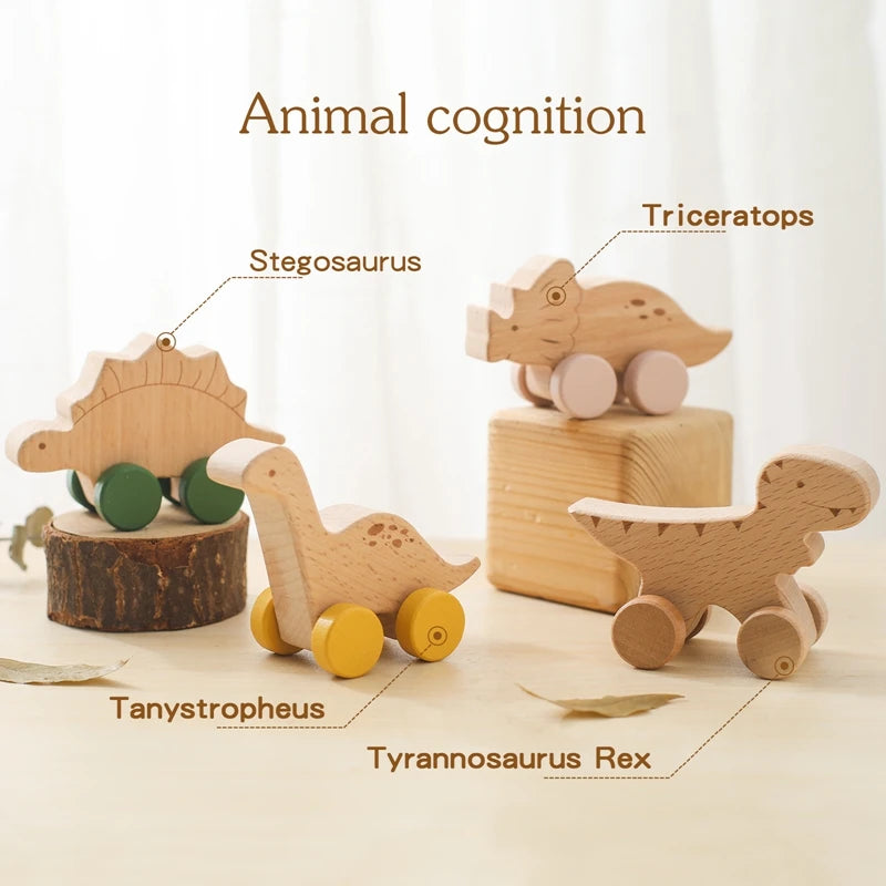 Wooden toy dinosaurs with labels on a light background
