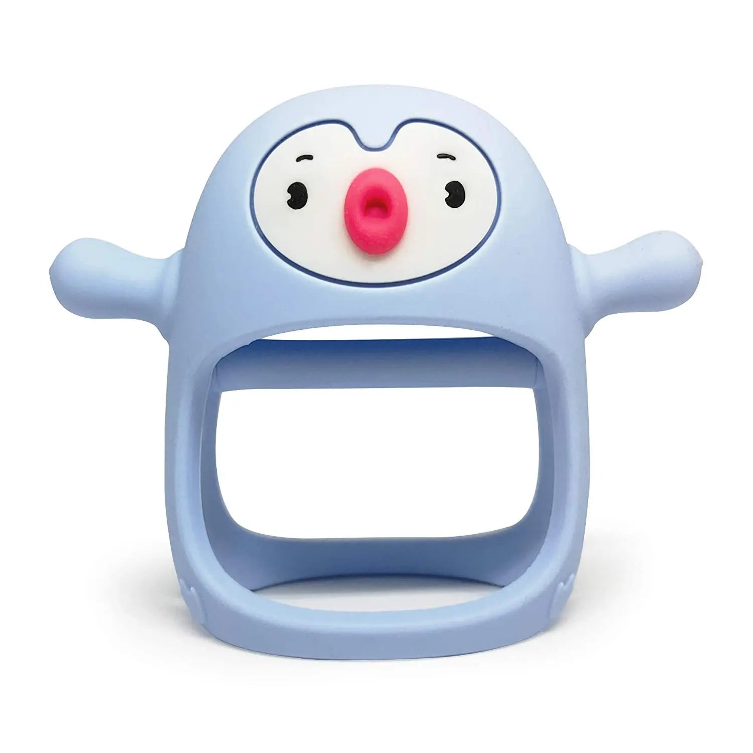 Blue baby teether with a cartoon face on a white background