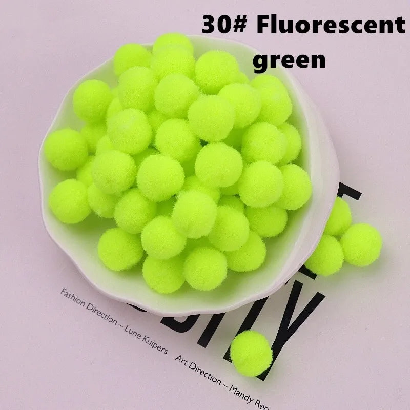 Bowl of fluorescent green balls on a light purple background with text.