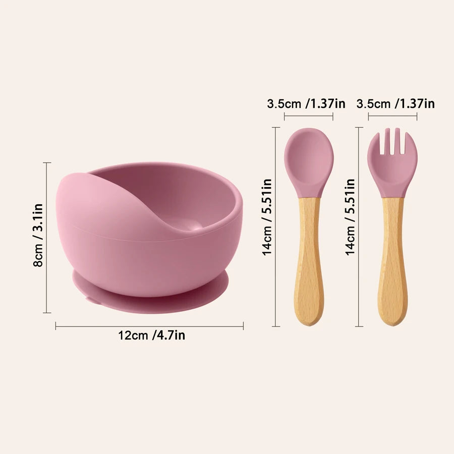 Bowl 12cm wide and 8cm tall, spoon and fork 14cm