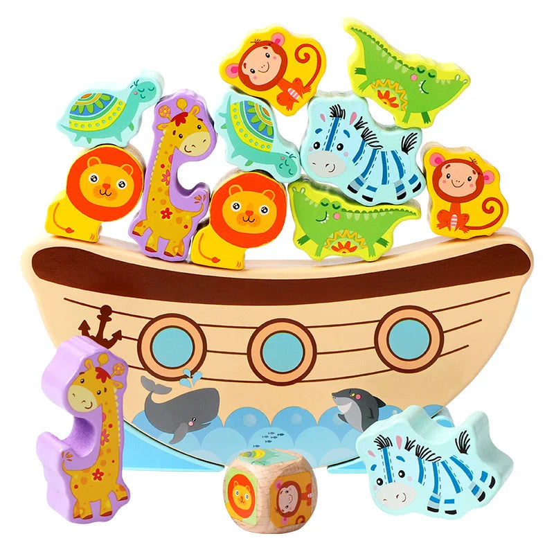 Wooden toy Noah's Ark with colorful animal figures on a white background
