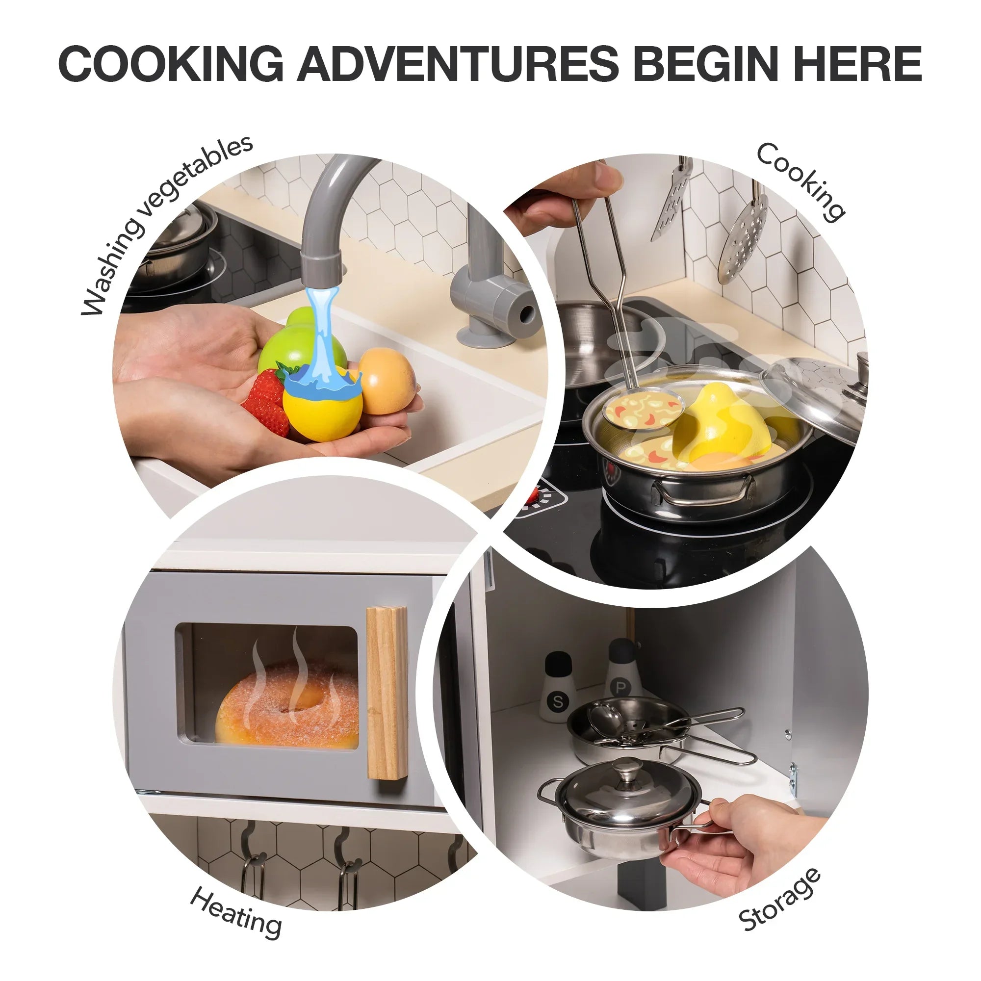 Collage of kitchen activities with text 'Cooking Adventures Begin Here' at the top.