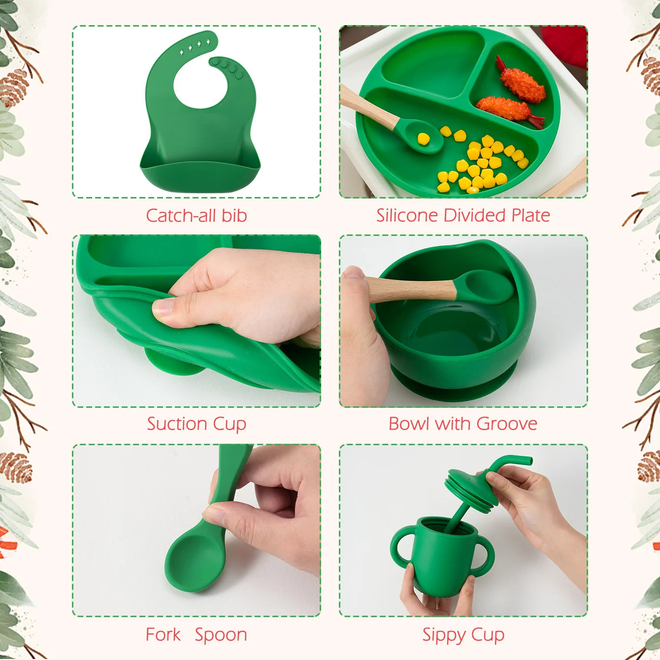 Feeding set features: catch-all bib, divided plate, suction bowl, utensils and sippy cup