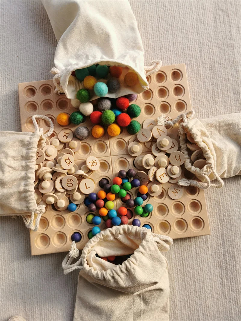 Wooden 100 Peg Board with Beads, Alphabets, and Numbers