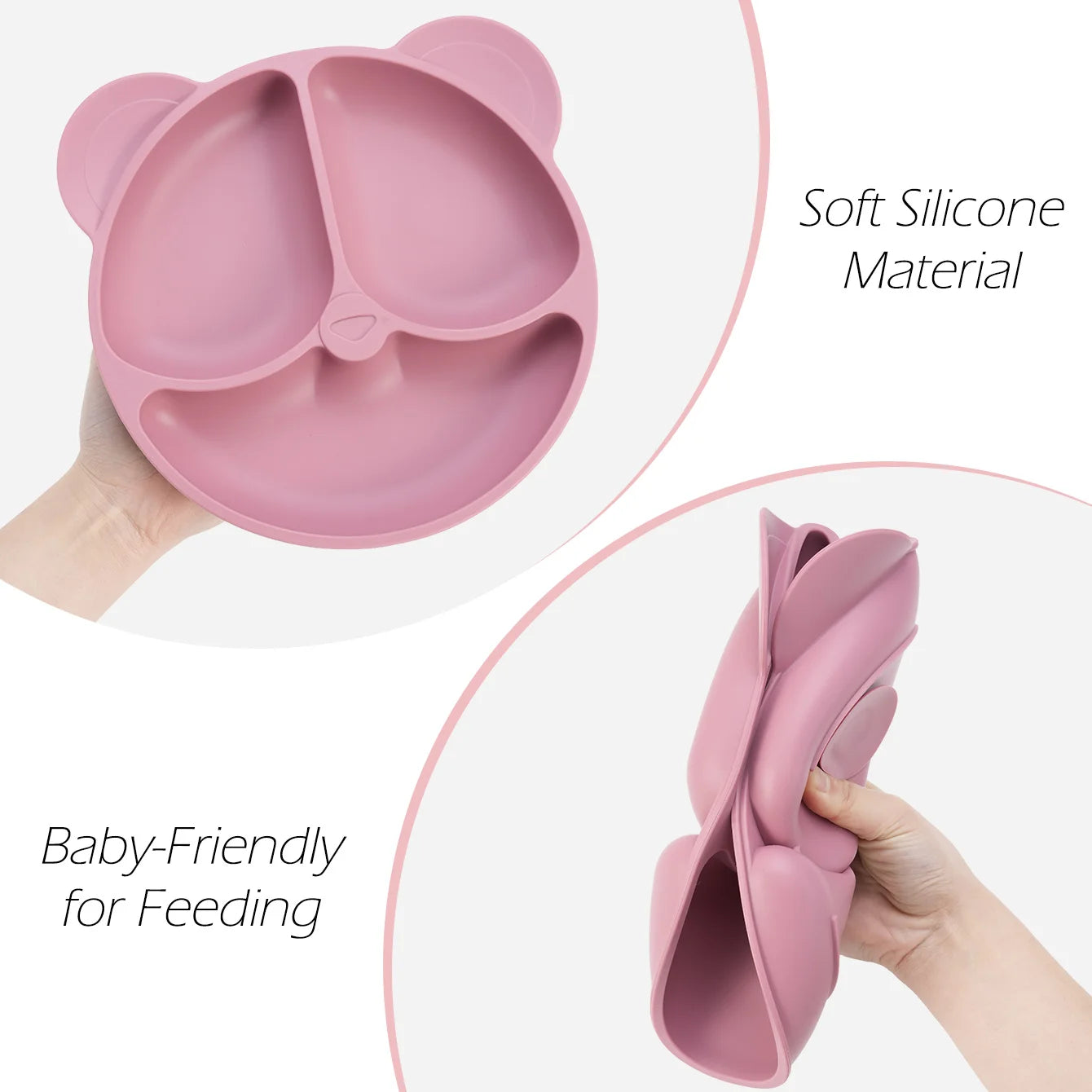 Hand bending a soft dusty rose bear plate