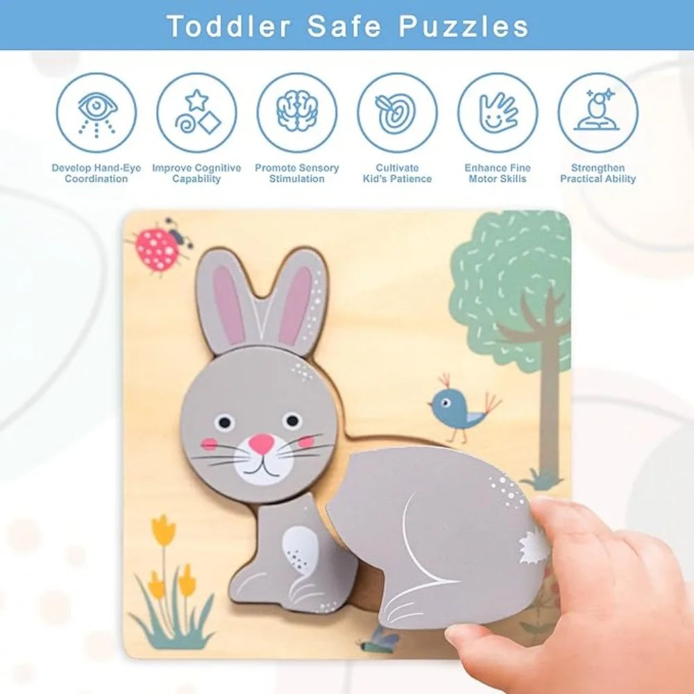 Wooden puzzle of a rabbit with a hand holding it, on a light background.