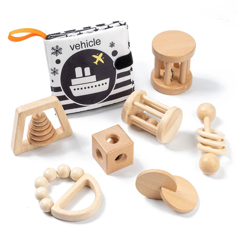 Montessori Wooden Baby Rattle Set with Soft Sensory Book | Oliver Montessori Toys