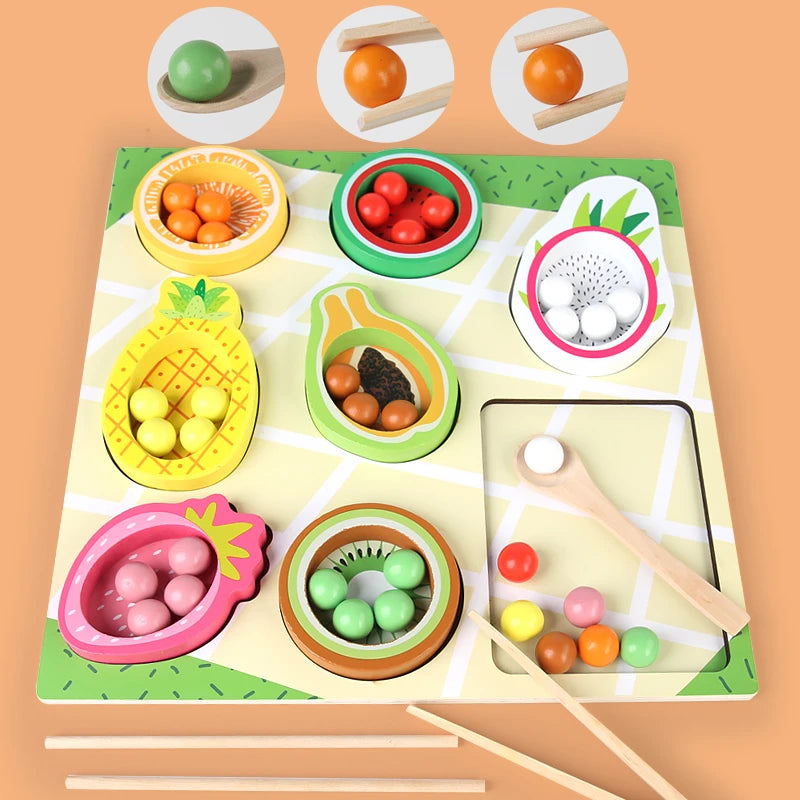 Wooden puzzle with fruit shapes and colorful balls on a matching game board.