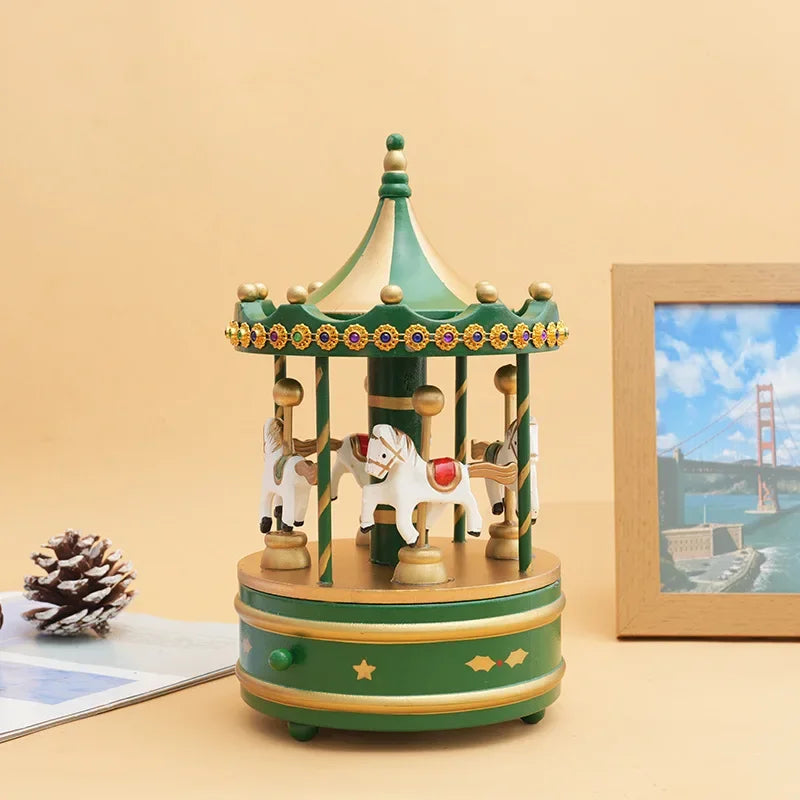Decorative carousel with horses on a beige surface, framed picture in the background