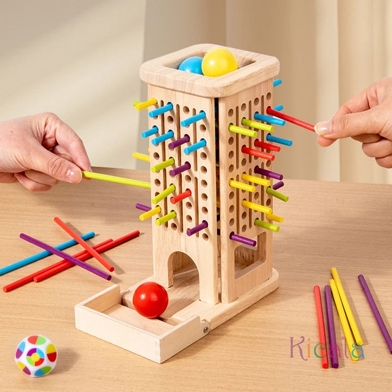 Wooden pegboard game with colorful sticks and balls on a wooden table, featuring the brand 'Kiddi'.