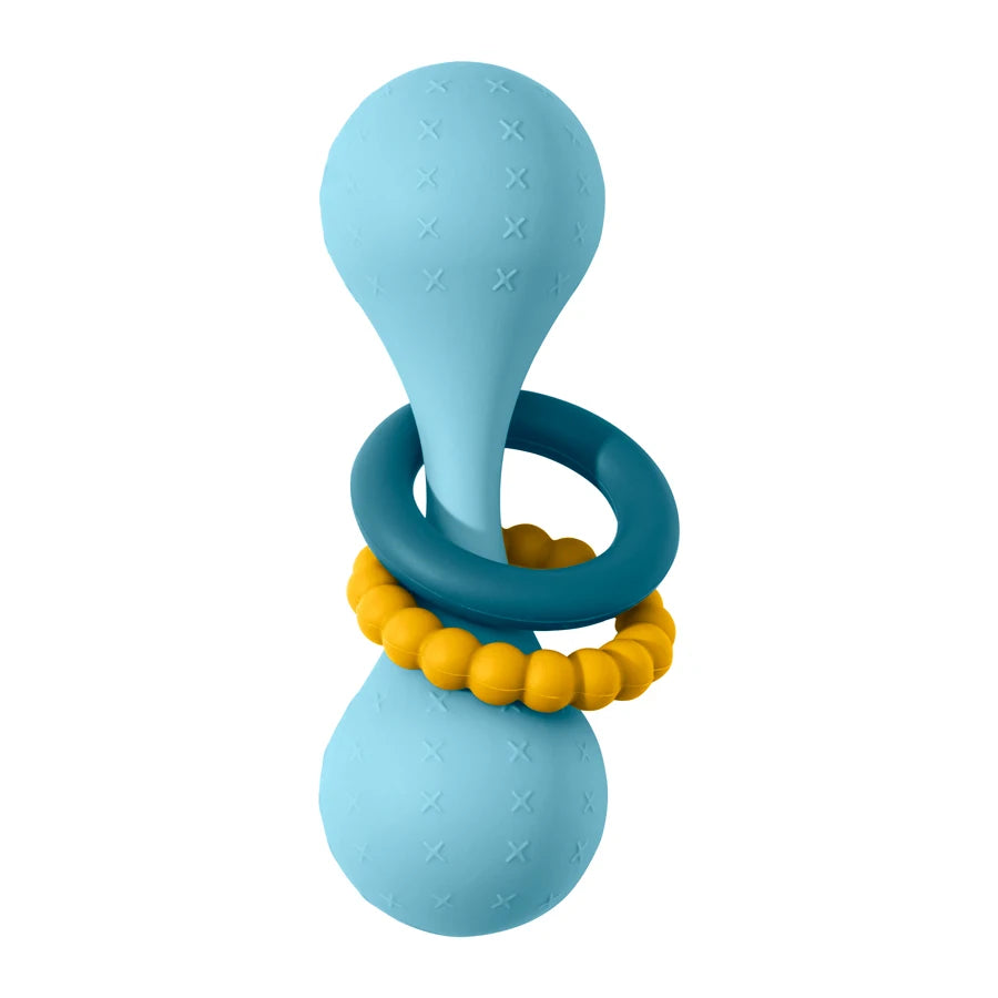 Soft silicone baby teether with rattle rings. Safe, BPA-free & easy to hold. Ideal for teething relief and sensory play. Blue & pink available.

