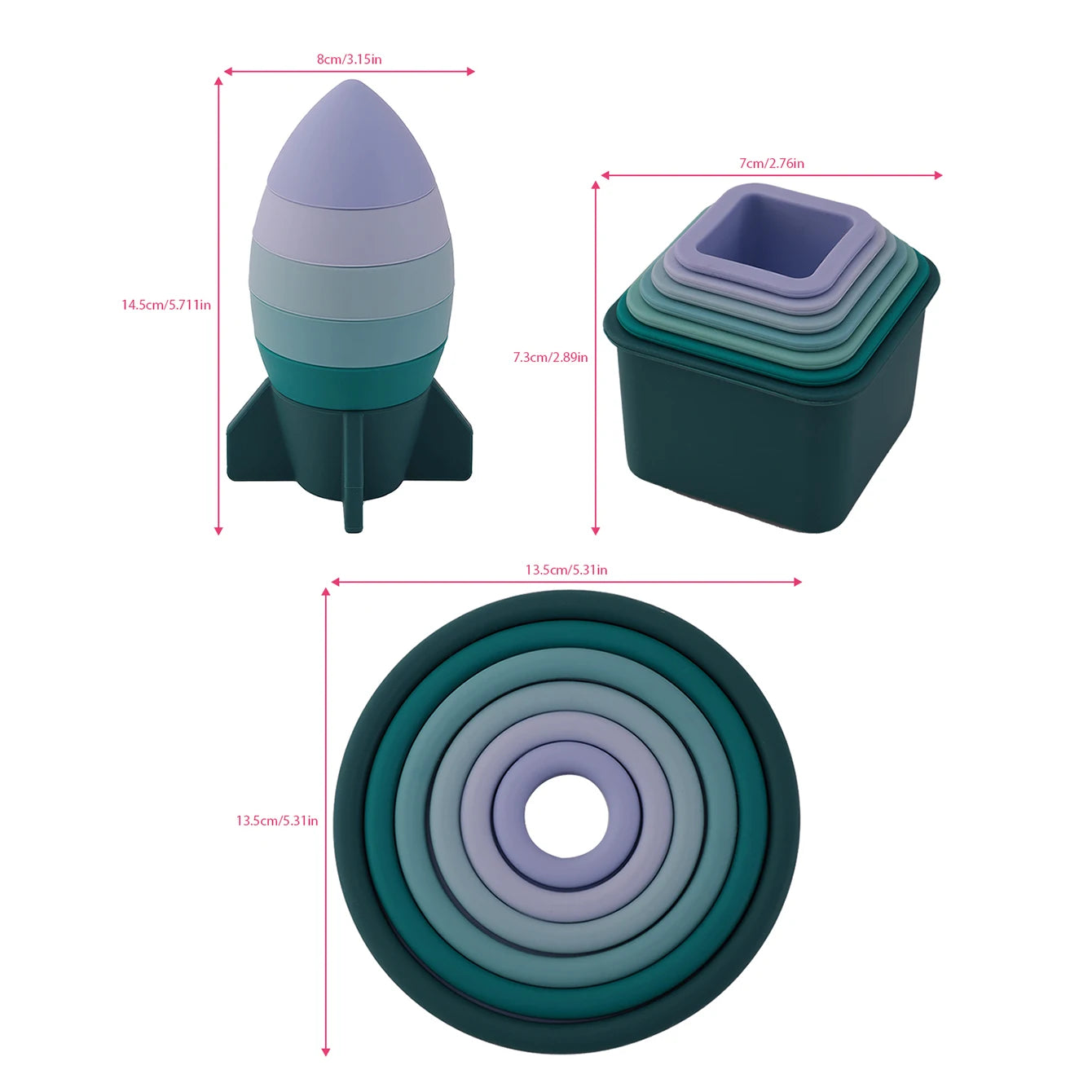 Sizes of the rocket stacker, nesting cups and stacking rings