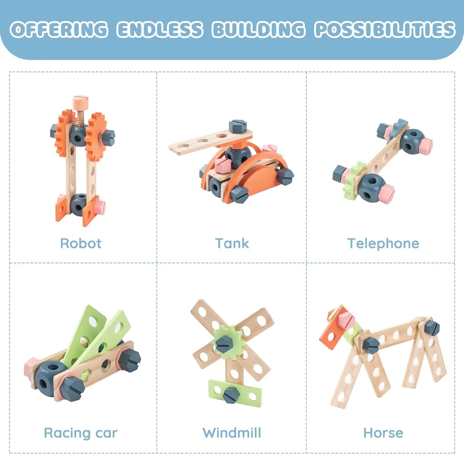 Set of building block models including robot, tank, telephone, racing car, windmill, and horse on a white background with text 'Offering Endless Building Possibilities'.