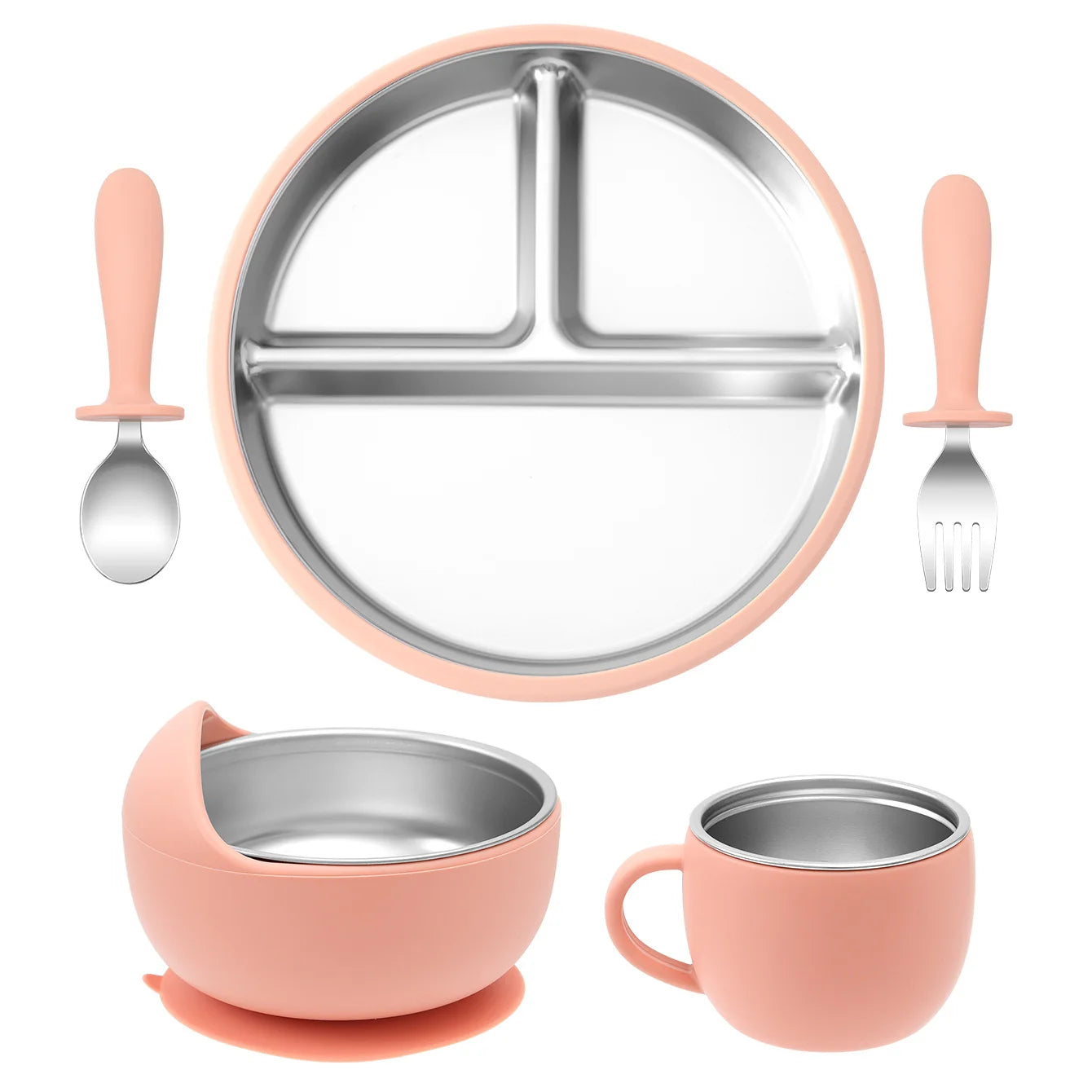 5-Piece Stainless Steel Silicone Baby Feeding Set with Cup | Oliver Montessori Toys