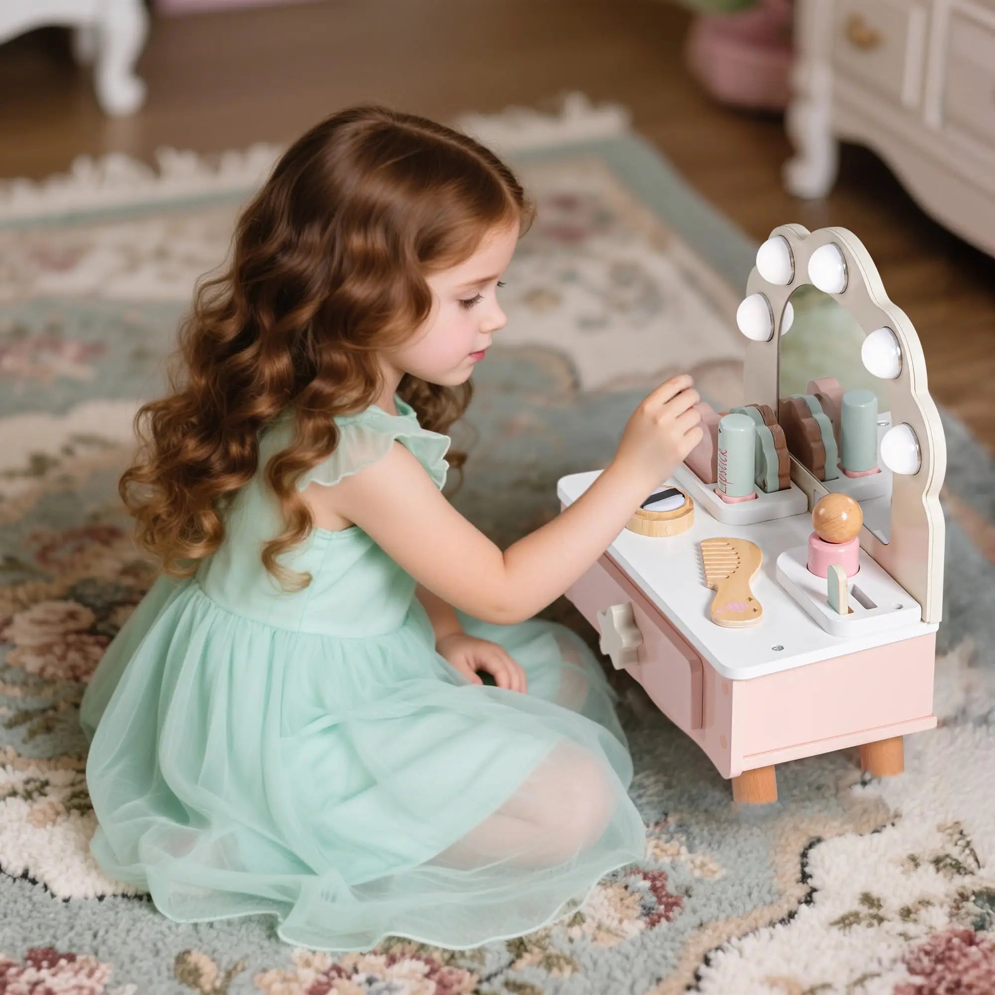 Young girl playing with a toy vanity set on a patterned rug.