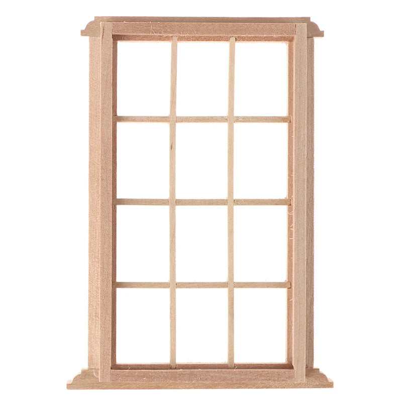 Wooden window frame with grid design on a white background