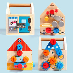 Montessori Wooden House Busy Board featuring wooden toys with gears and shape matching elements, designed to enhance fine motor skills and sensory development for children 3 and up.