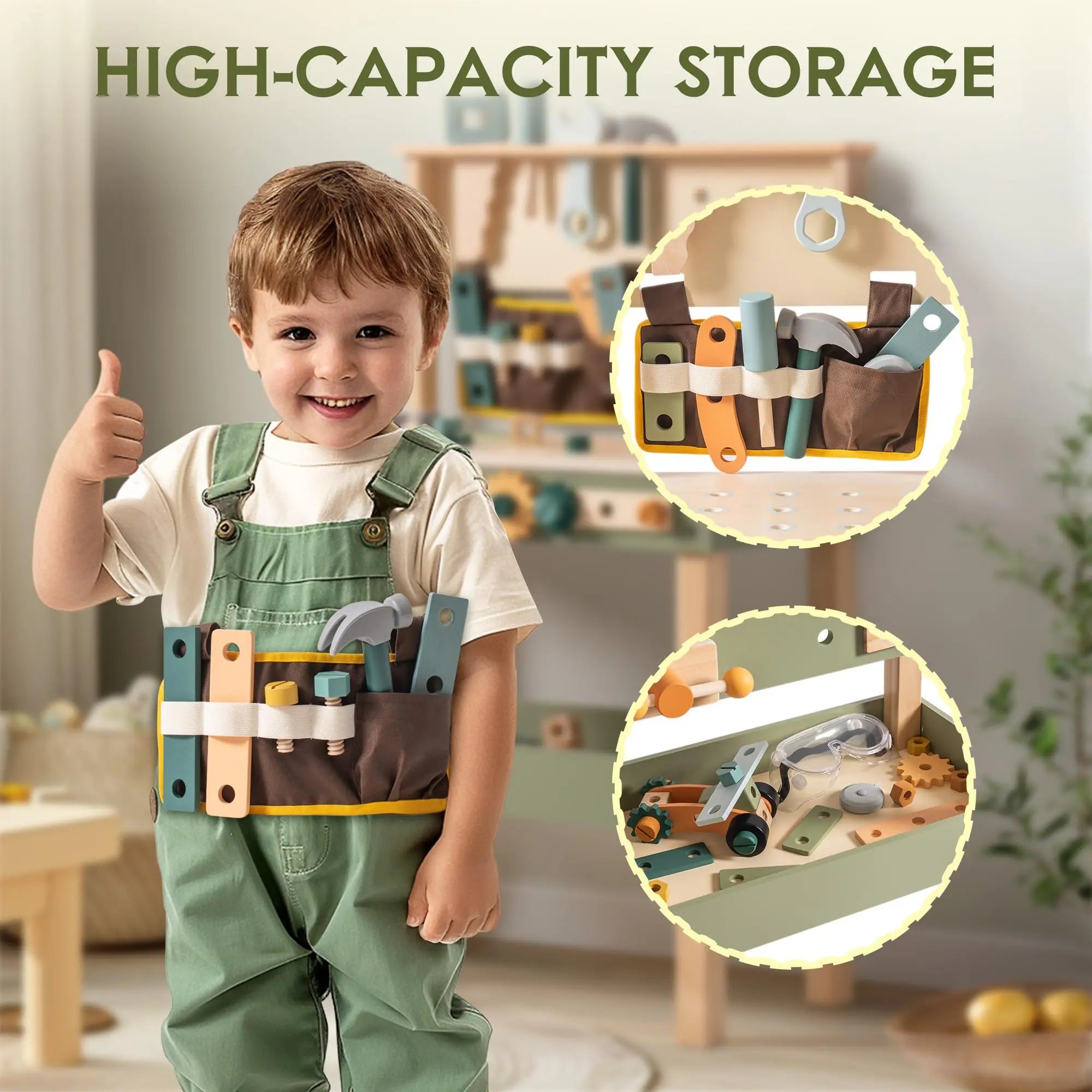 Child wearing a toy tool belt with high-capacity storage features, set against a home interior background.
