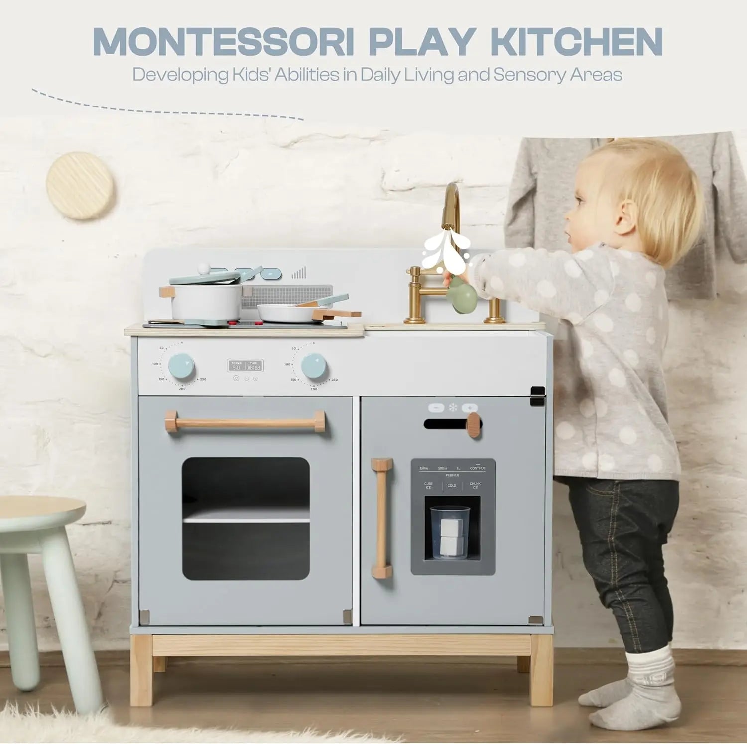 Child playing with a Montessori play kitchen set in a home setting.