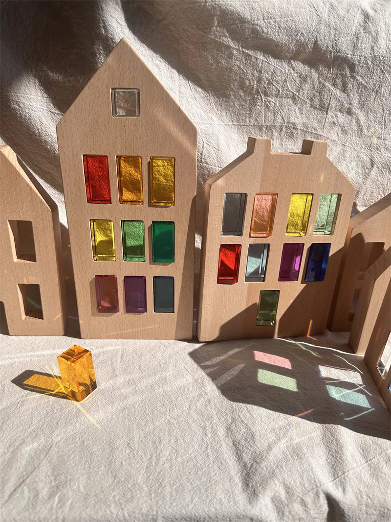 Model of a street with colorful glass windows on a textured white surface