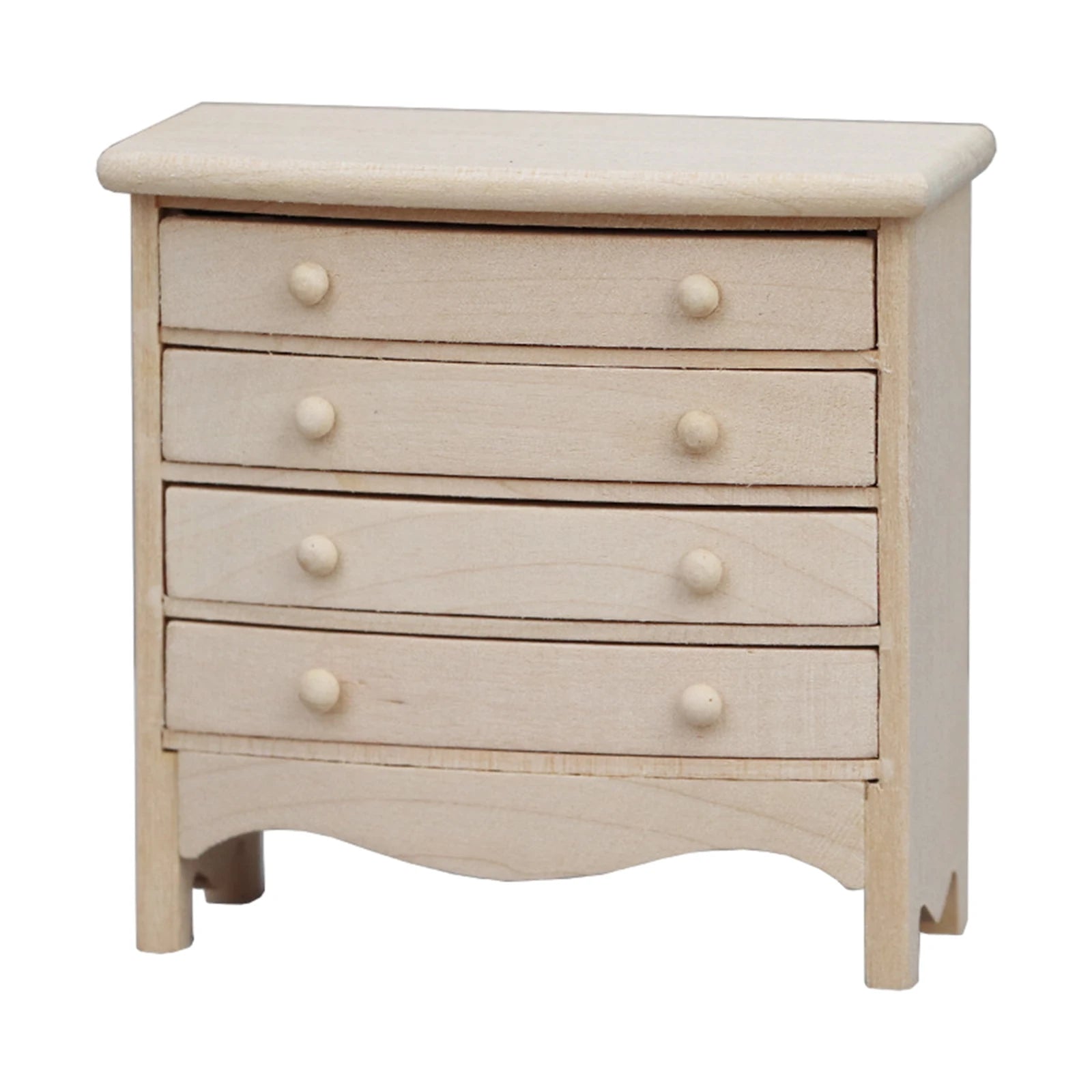 Light wooden dresser with four drawers on a white background