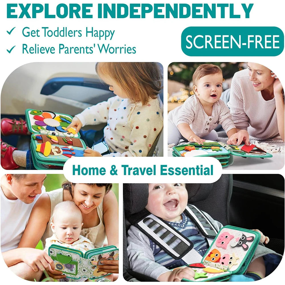 Collage of children using educational toys with text promoting screen-free activities for toddlers and parents.