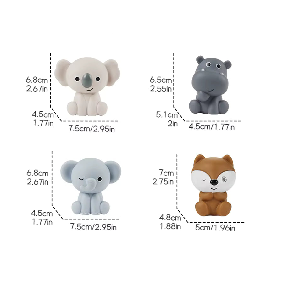 Four small animal-shaped items arranged in a grid on a white background, each with dashed measurement lines and dimensions printed beside it. The animals appear to be a white elephant, a gray hippo, a light blue elephant, and a brown fox.