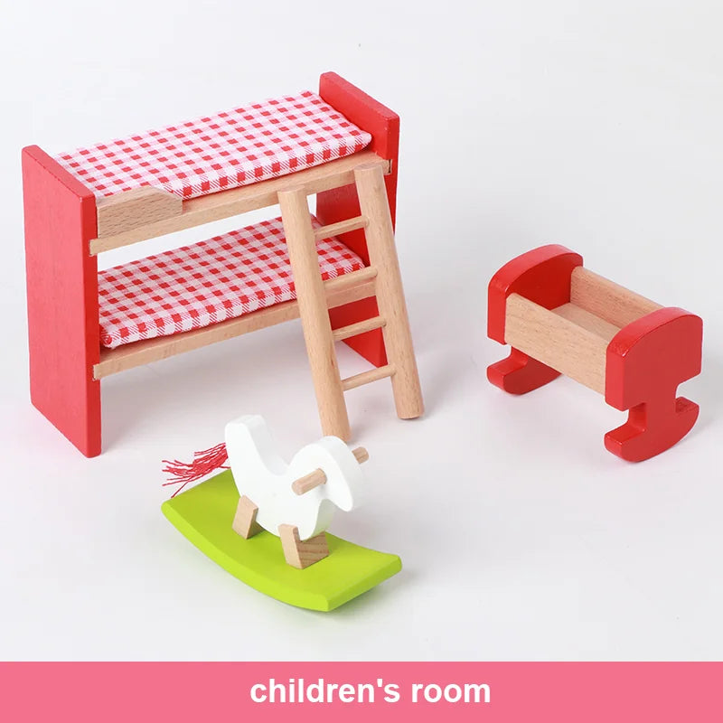 Wooden dollhouse furniture including a red and white checkered bed, red bench, and green horse on a white background.