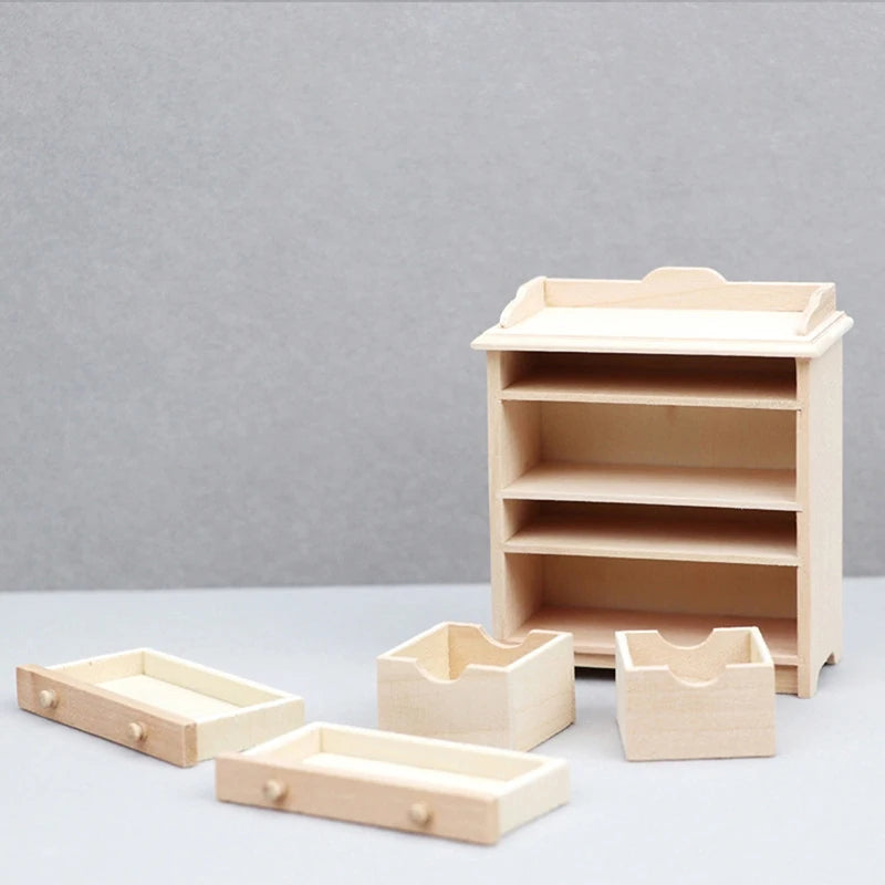 Set of wooden shelves and boxes on a gray background
