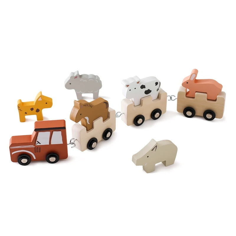 Wooden farm animal stacking train with tractor, carriages and animals