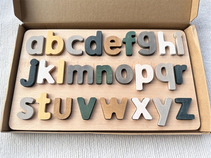 Wooden alphabet letters set in a box on a light background