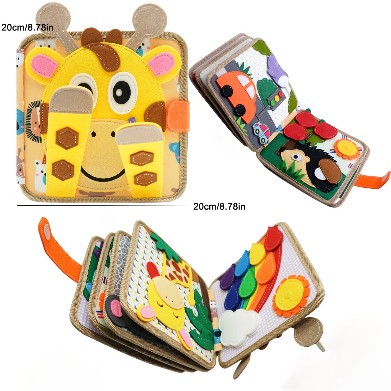 Children's soft book with animal illustrations and a giraffe character on a white background