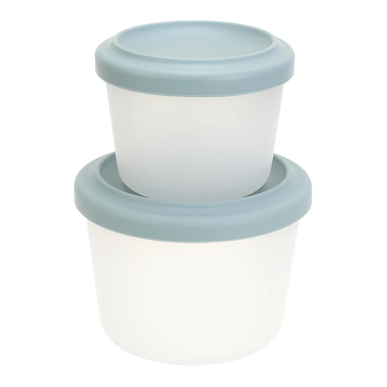 Two round silicone containers with grey blue lids