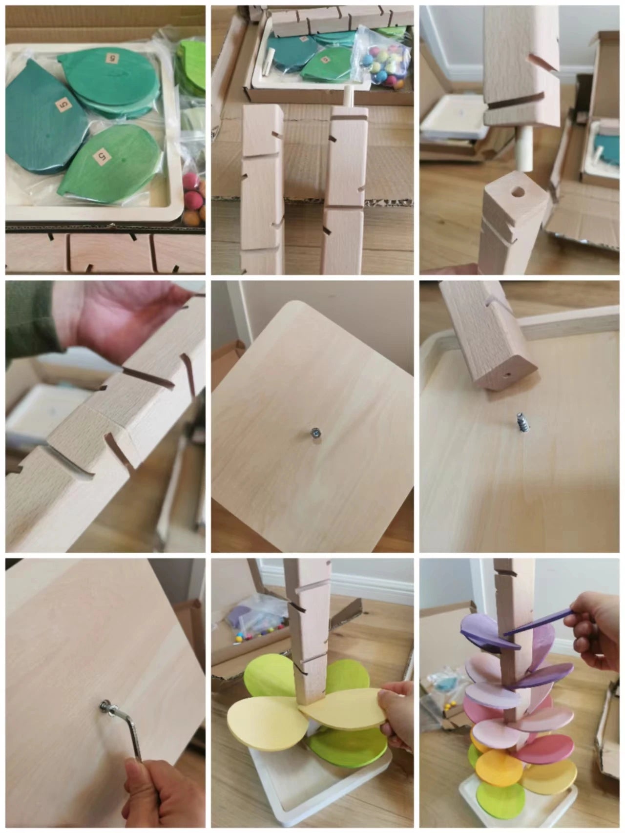 Step-by-step assembly of a wooden Sounding Tree project with colorful paper pieces.