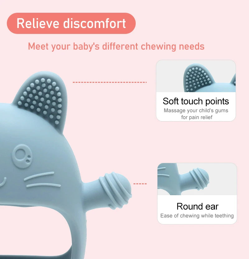 Baby teething toy with text on a pink background