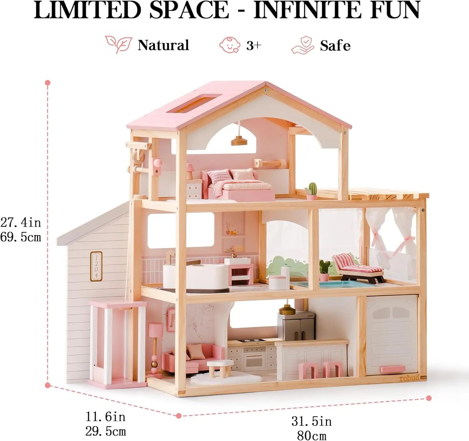 Wooden dollhouse with pink accents and furniture, showing dimensions on a white background.