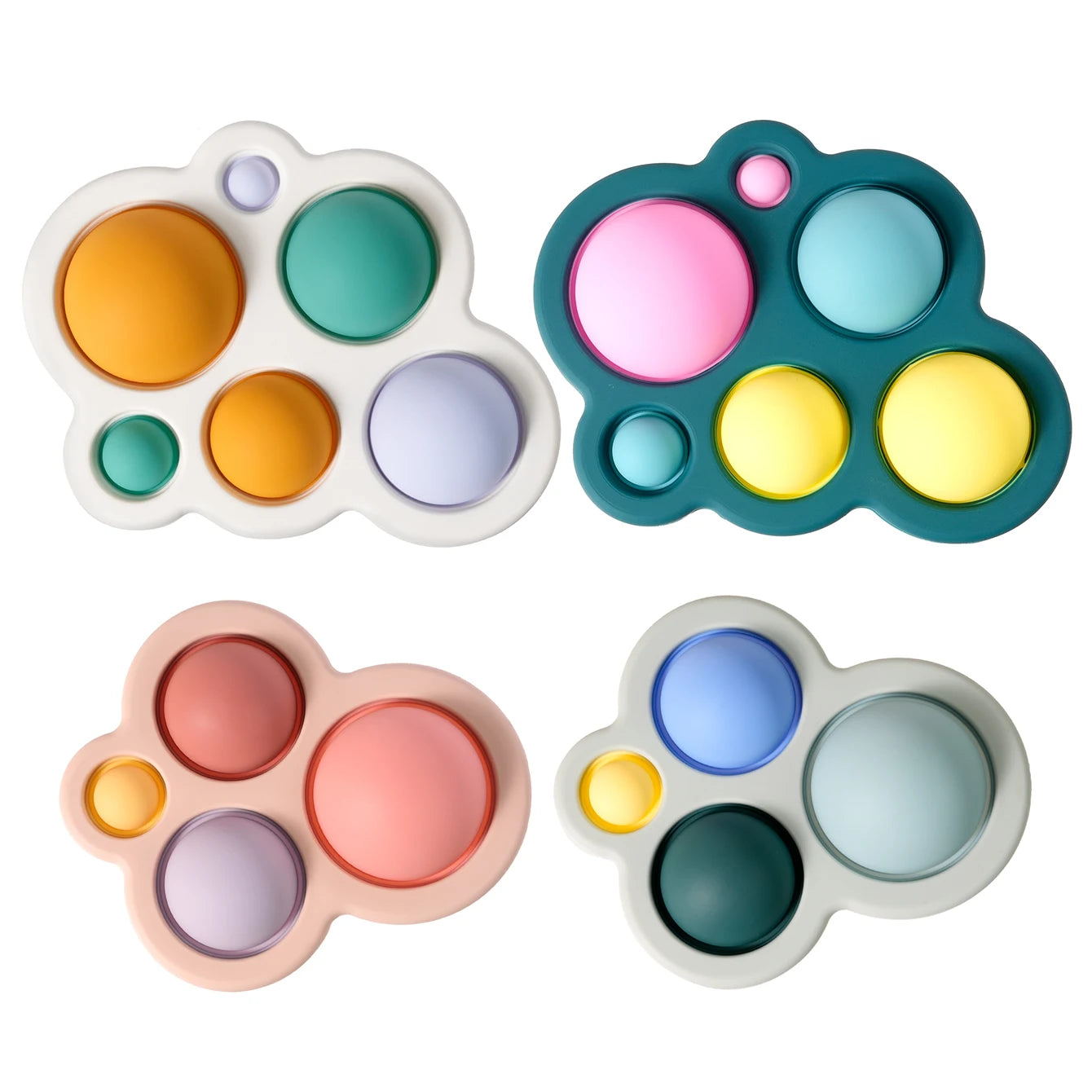 Four bubble pop silicone teethers in different colors