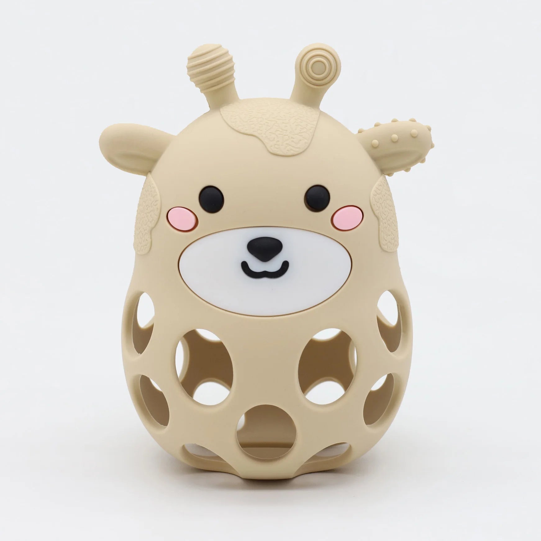 Beige animal-shaped toy with a face on a white background