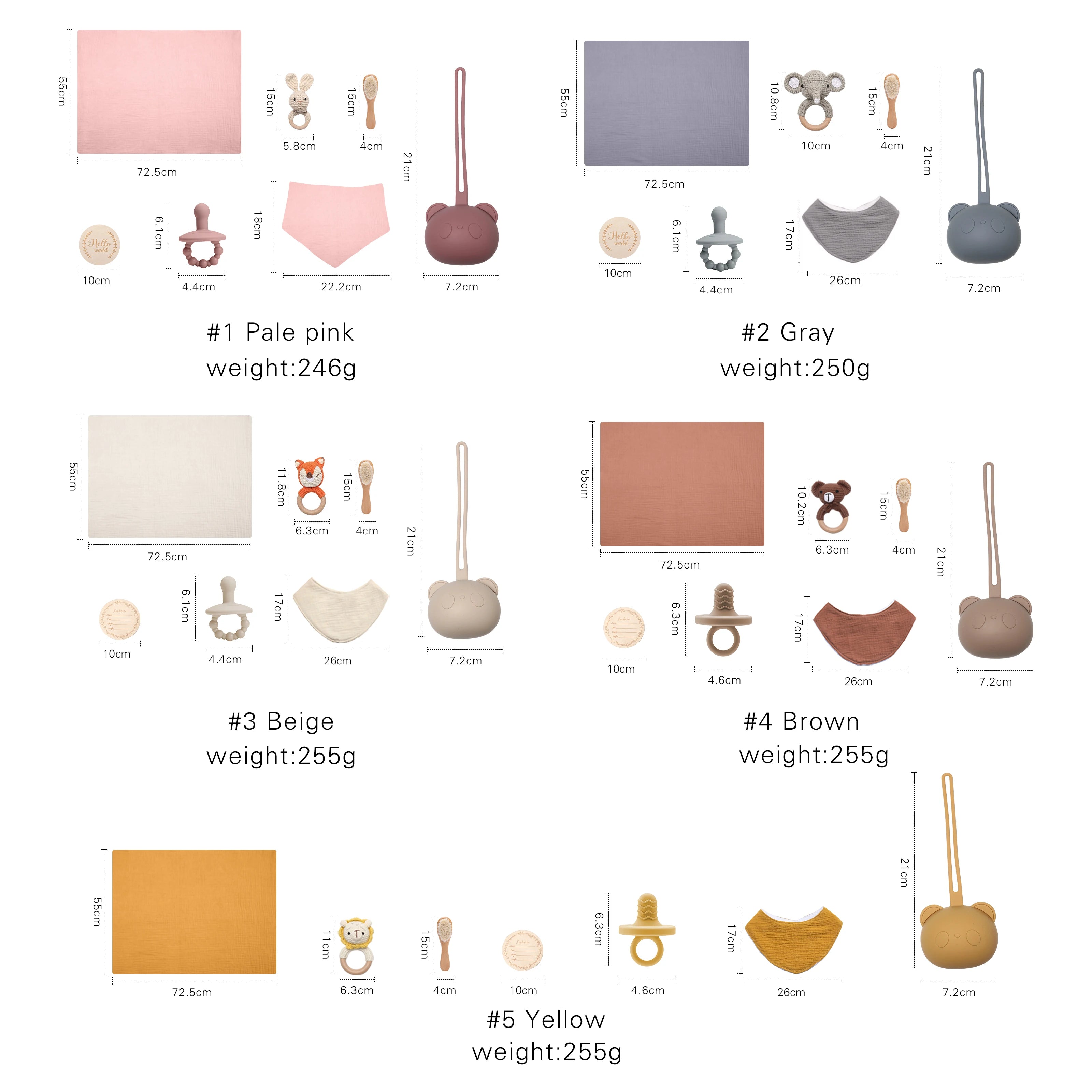 Collection of baby toys and items with measurements and weights on a white background