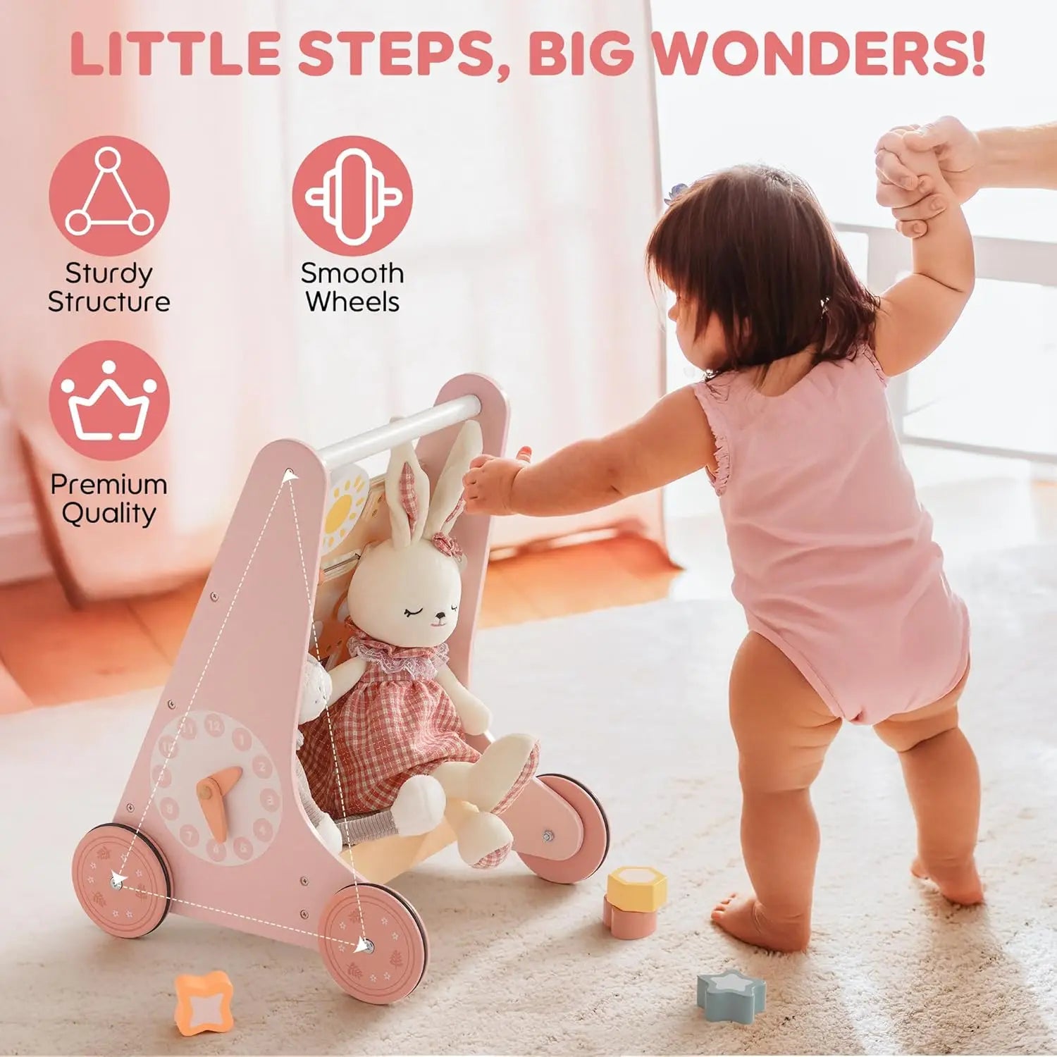 Child pushing a toy rabbit in a pink stroller with text about product features.