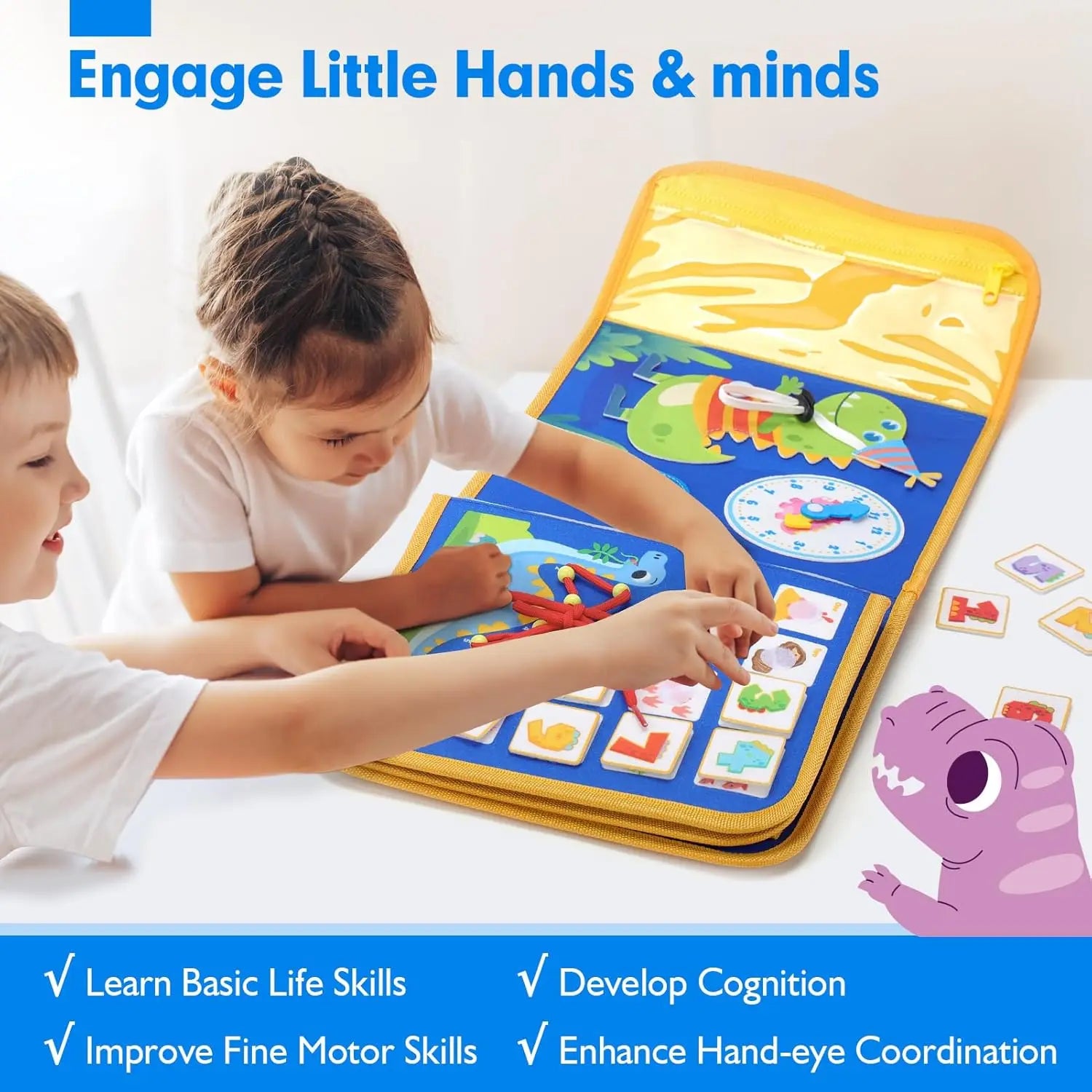 Children playing with an educational mat featuring animals and numbers, with text promoting learning benefits.