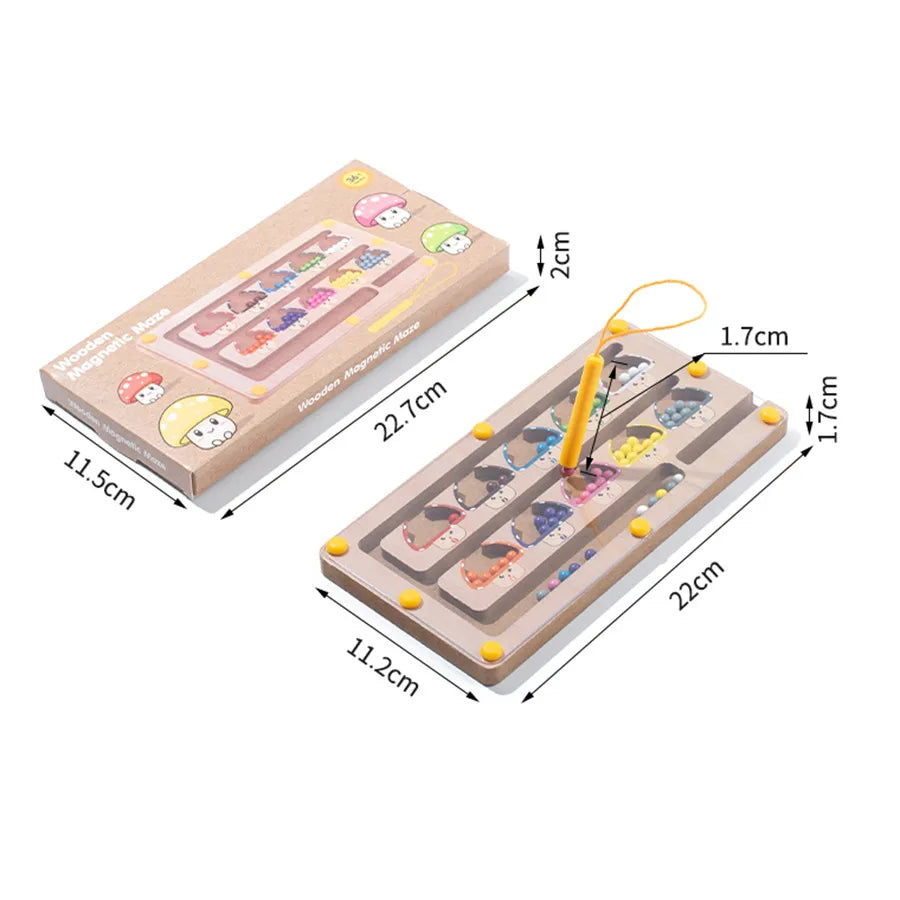 Wooden puzzle with colorful shapes and a box, showing dimensions on a white background.