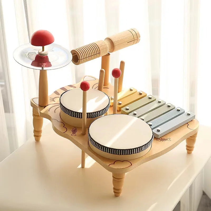 Kids Montessori Wooden Multi-Functional Drum Music Station