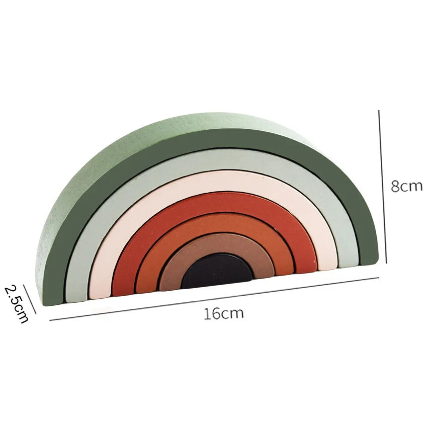 Colorful wooden rainbow toy with measurements on a white background