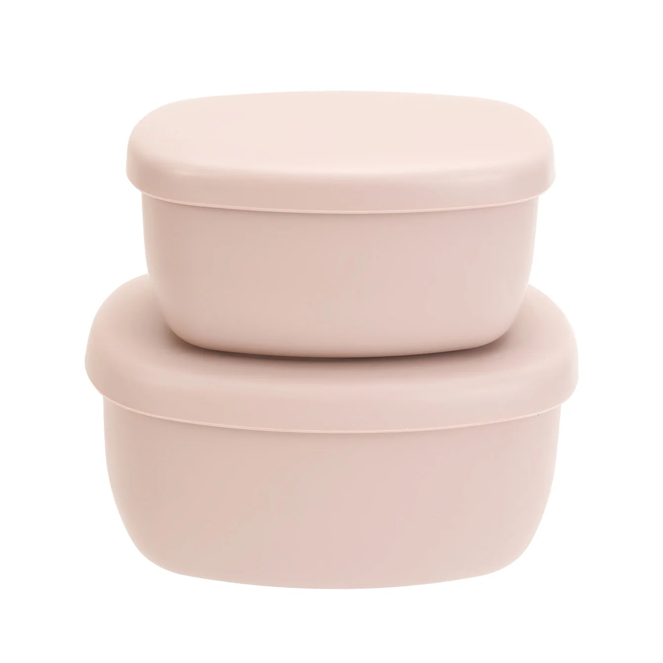 Two blush silicone food containers with lids
