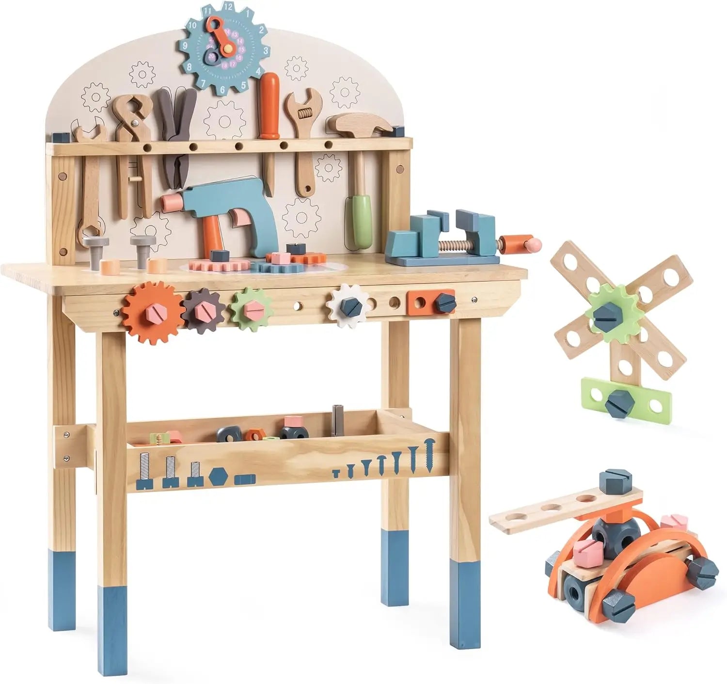 Children's toy workbench with tools and accessories on a white background