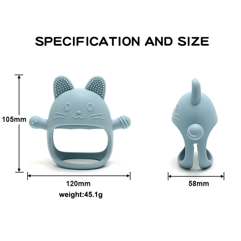 Blue cat-shaped teether with measurements and specifications on a white background