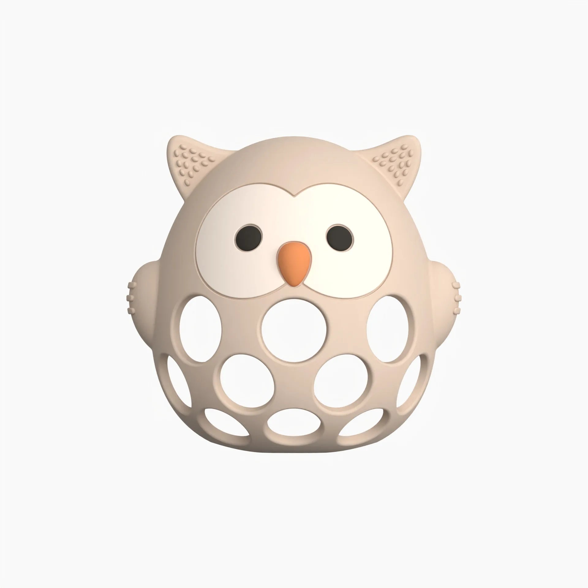 Oval-shaped owl toy with holes on a white background